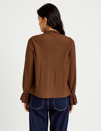 Blouse droite manches longues pliss&eacute;e marron femme