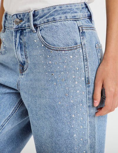 Jean wide leg taille basse strass denim triple stone femme