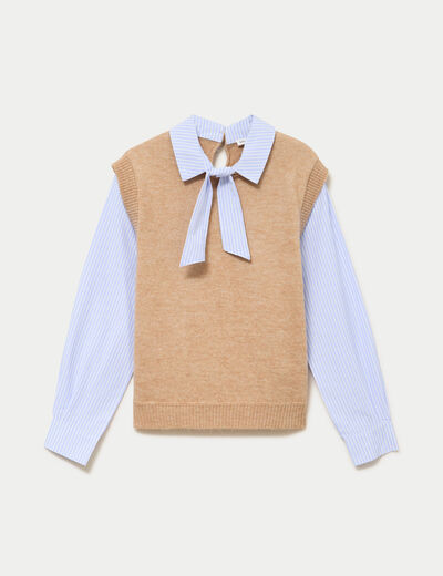 Pull fin 2-en-1 manches longues beige femme