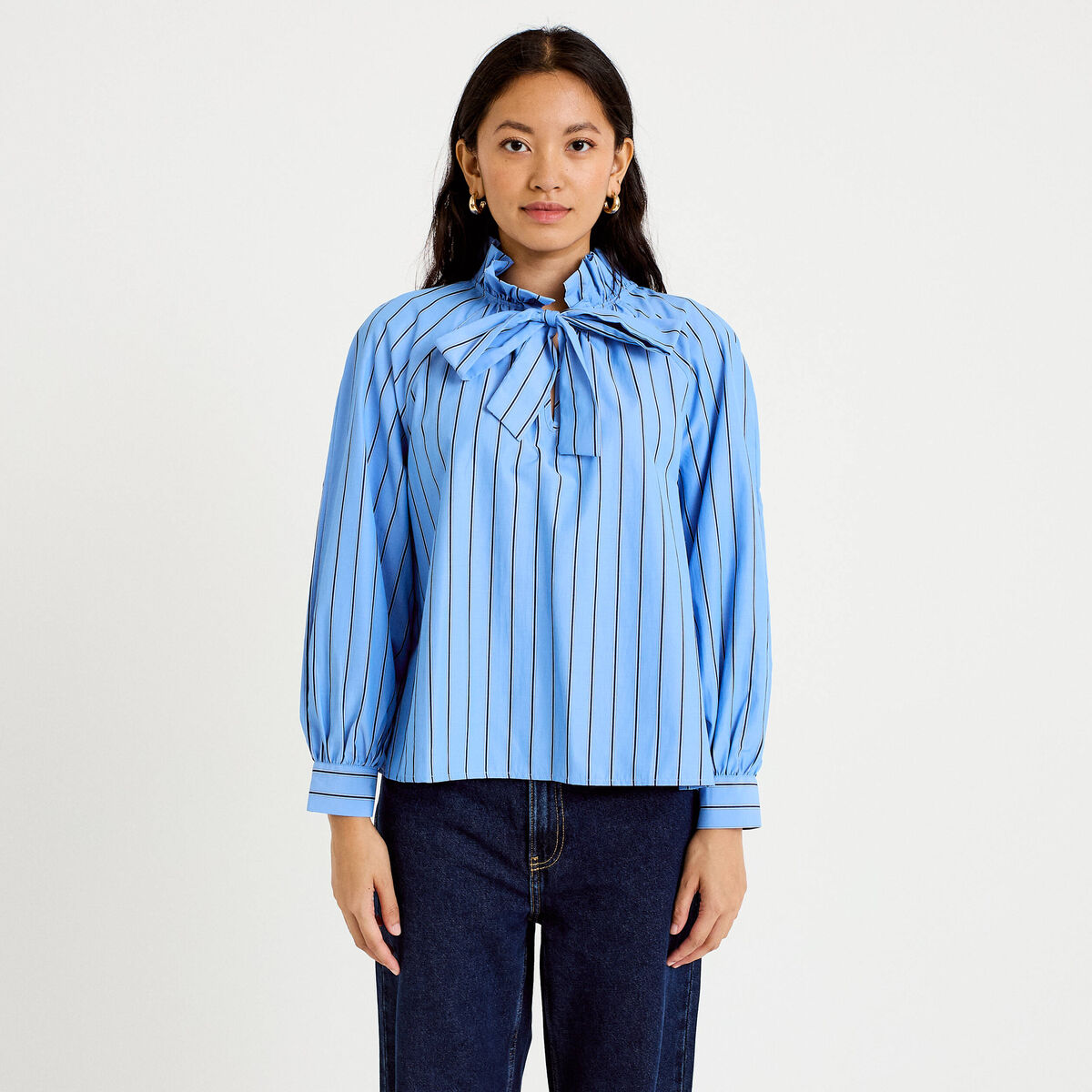 Blouse ample col montant manches longues bleu femme
