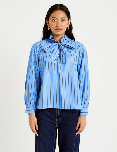 Blouse ample col montant manches longues bleu femme