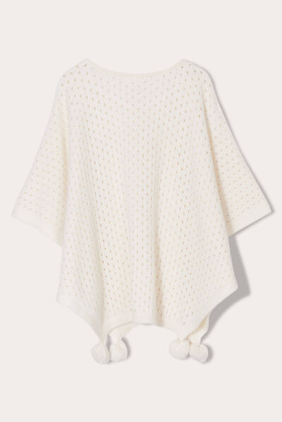Cape avec pompons ecru femme