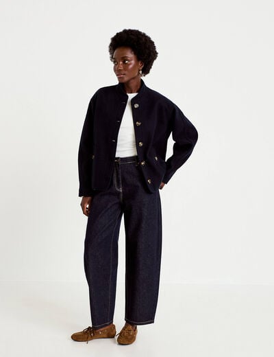 Veste droite col mao manches longues bleu marine femme