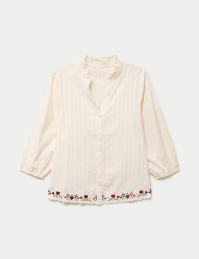 Blouse broderie col v manches 3/4 ecru femme