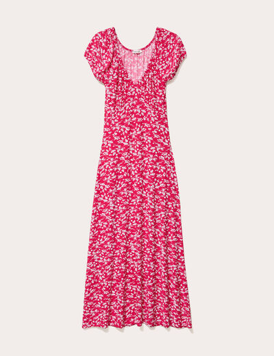 robe longue droite col v manches courtes rose fushia femme