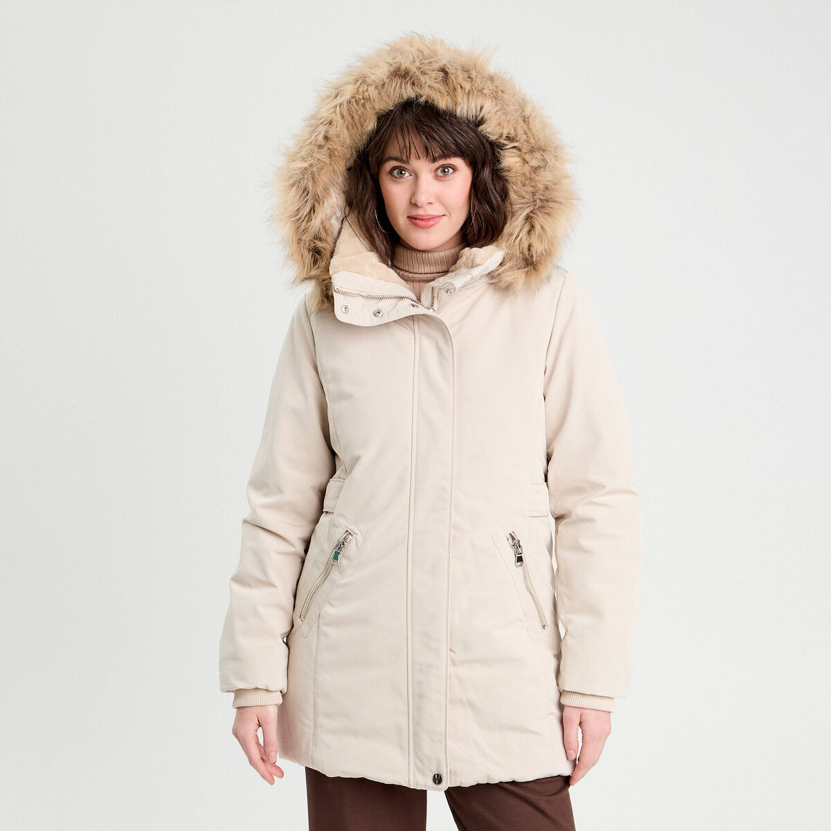 Parka droite avec capuche ecru femme