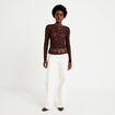 T-shirt ajust&eacute; col rond brod&eacute; perles marron fonc&eacute; femme