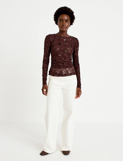 T-shirt ajust&eacute; col rond brod&eacute; perles marron fonc&eacute; femme