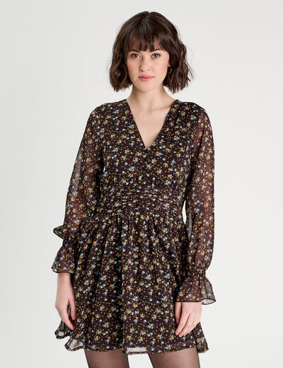 Robe évasée manches longues noir femme