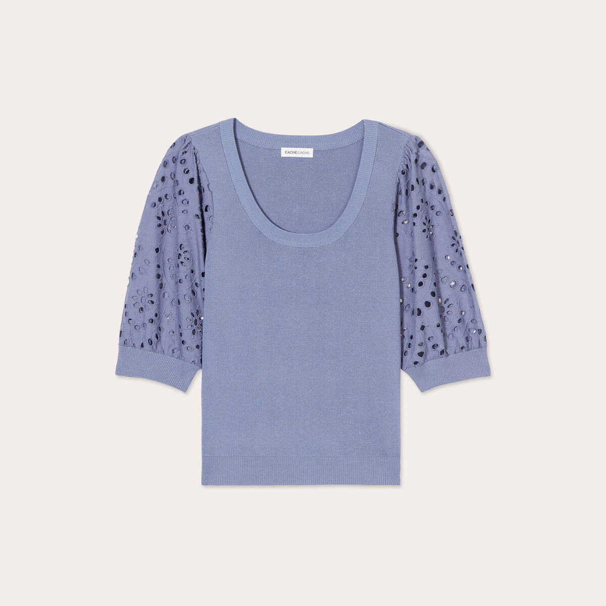 Pull manches 3/4 brodées bleu gris femme