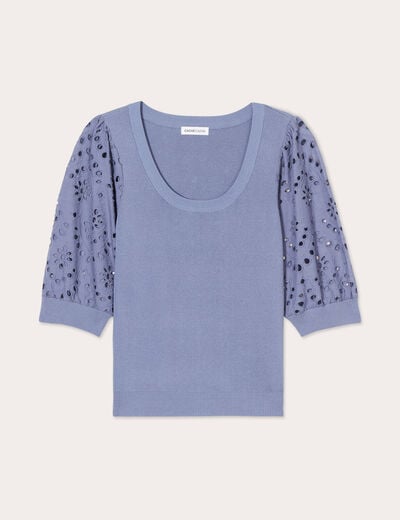 Pull manches 3/4 brodées bleu gris femme