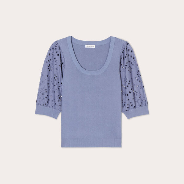 Pull manches 3/4 brodées bleu gris femme