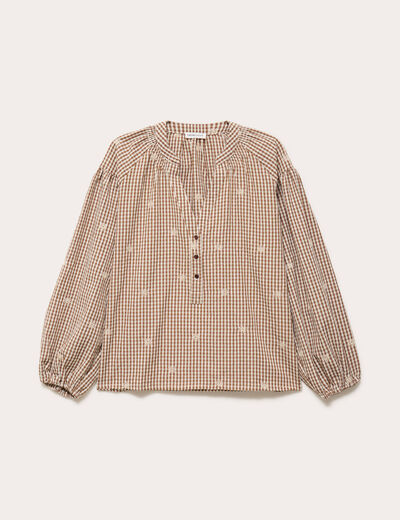 Blouse vichy brod&eacute;e blanc femme