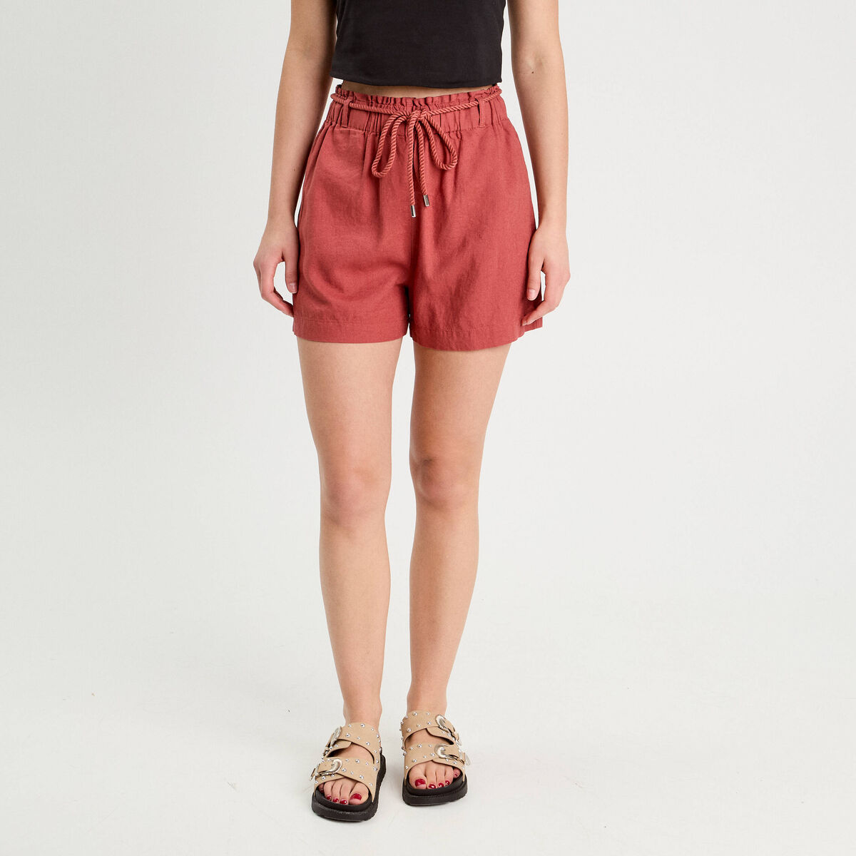 Short regular contenant du lin vieux rose femme