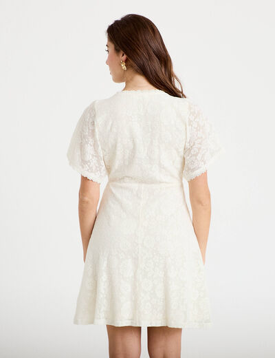 Robe courte &eacute;vas&eacute;e col v dentelle ecru femme