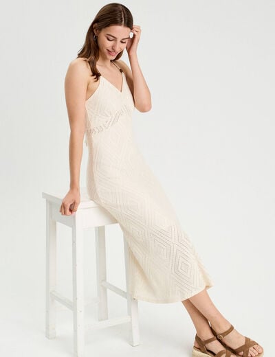 Robe longue évasée ajourée ecru femme