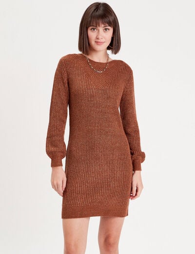 Robe pull droite col rond marron femme