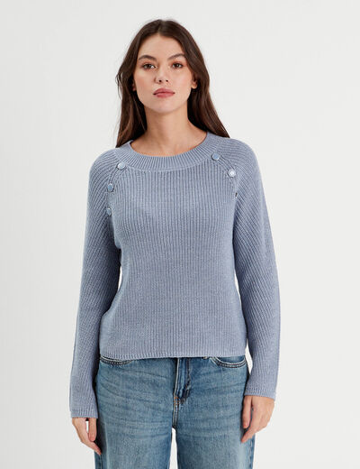 Pull avec boutons épaules bleu gris femme
