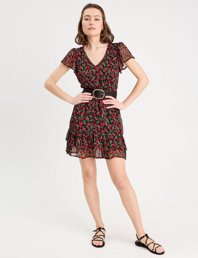 Robe évasée à volants noir femme