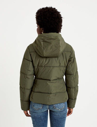 Doudoune cintr&eacute;e &agrave; capuche vert kaki femme