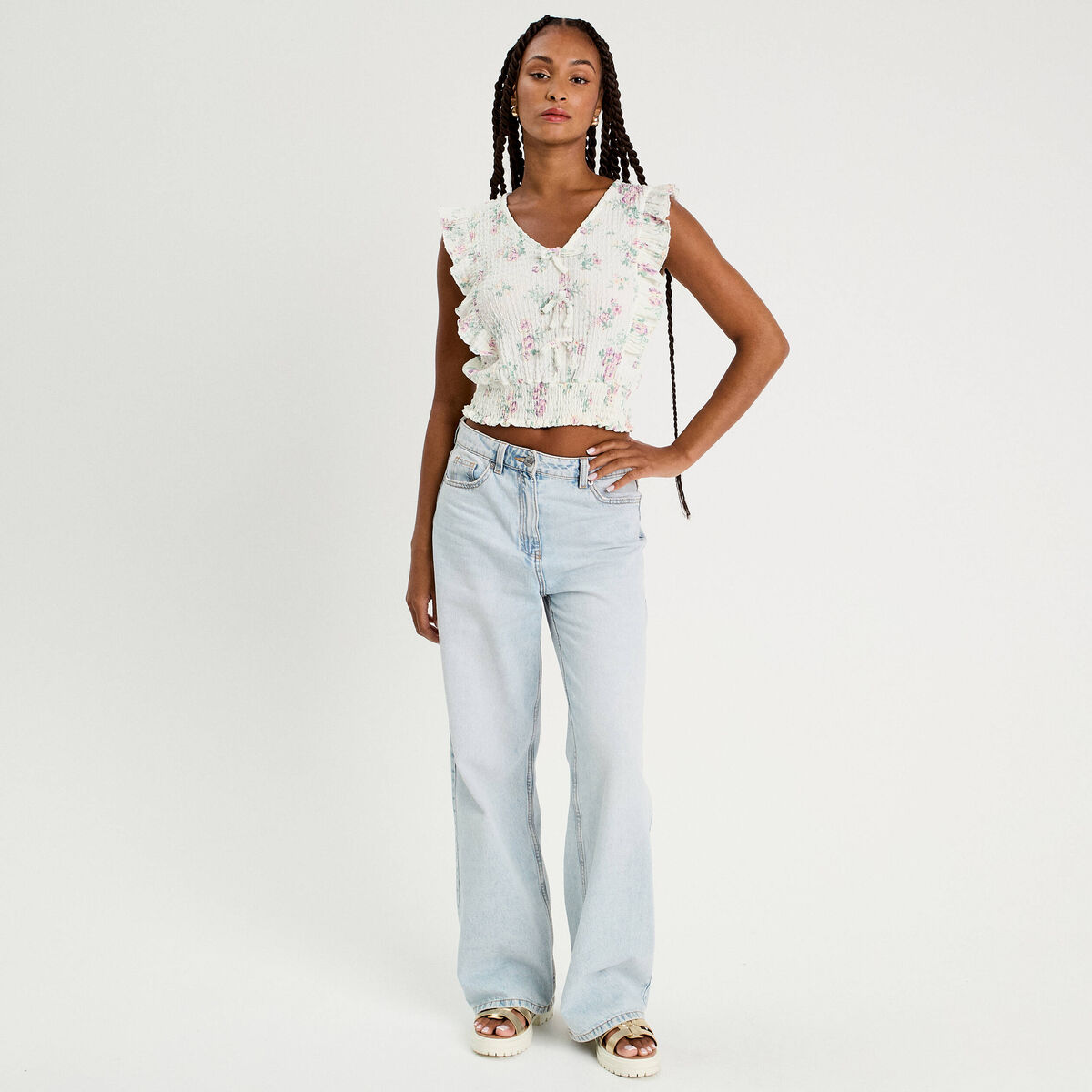Blouse sans manches volants blanc femme