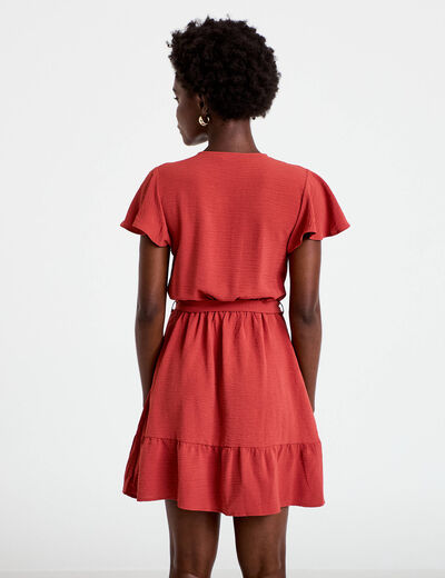 Robe courte &eacute;vas&eacute;e col v manches courtes vieux rose femme