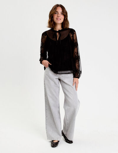 Blouse dentelle manches longues noir femme
