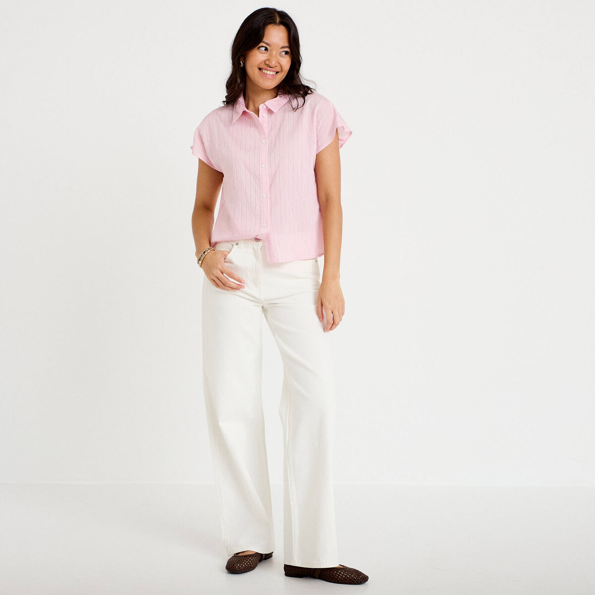 Chemise ample pliss&eacute;e manches courtes rose femme
