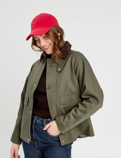 Veste boutonnée col à revers vert kaki femme