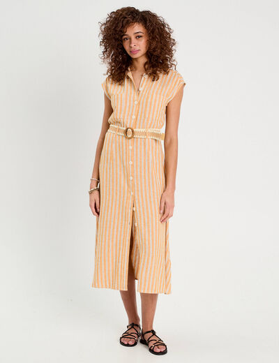 Robe chemise midi contenant du lin jaune femme