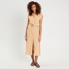 robe chemise midi contenant du lin jaune femme Robe chemise midi contenant du lin jaune femme