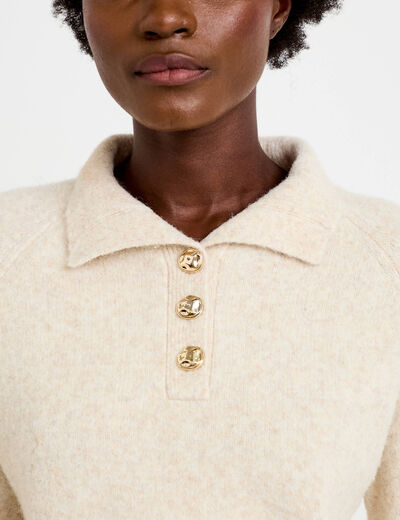 Polo manches longues col chemise beige femme