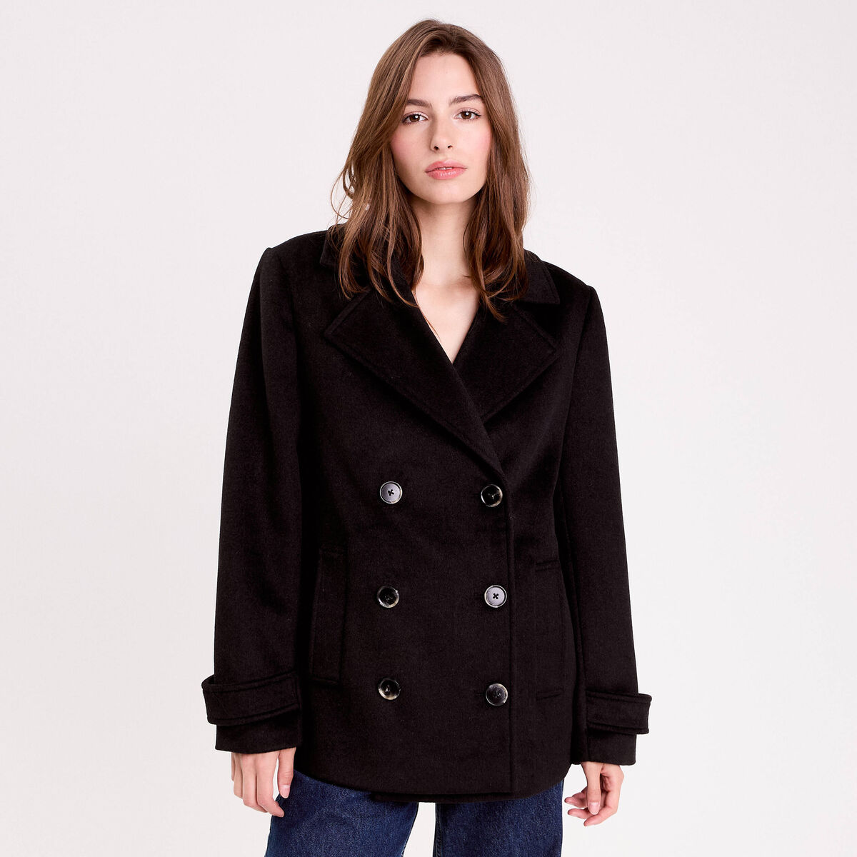 Caban col tailleur manches longues noir femme