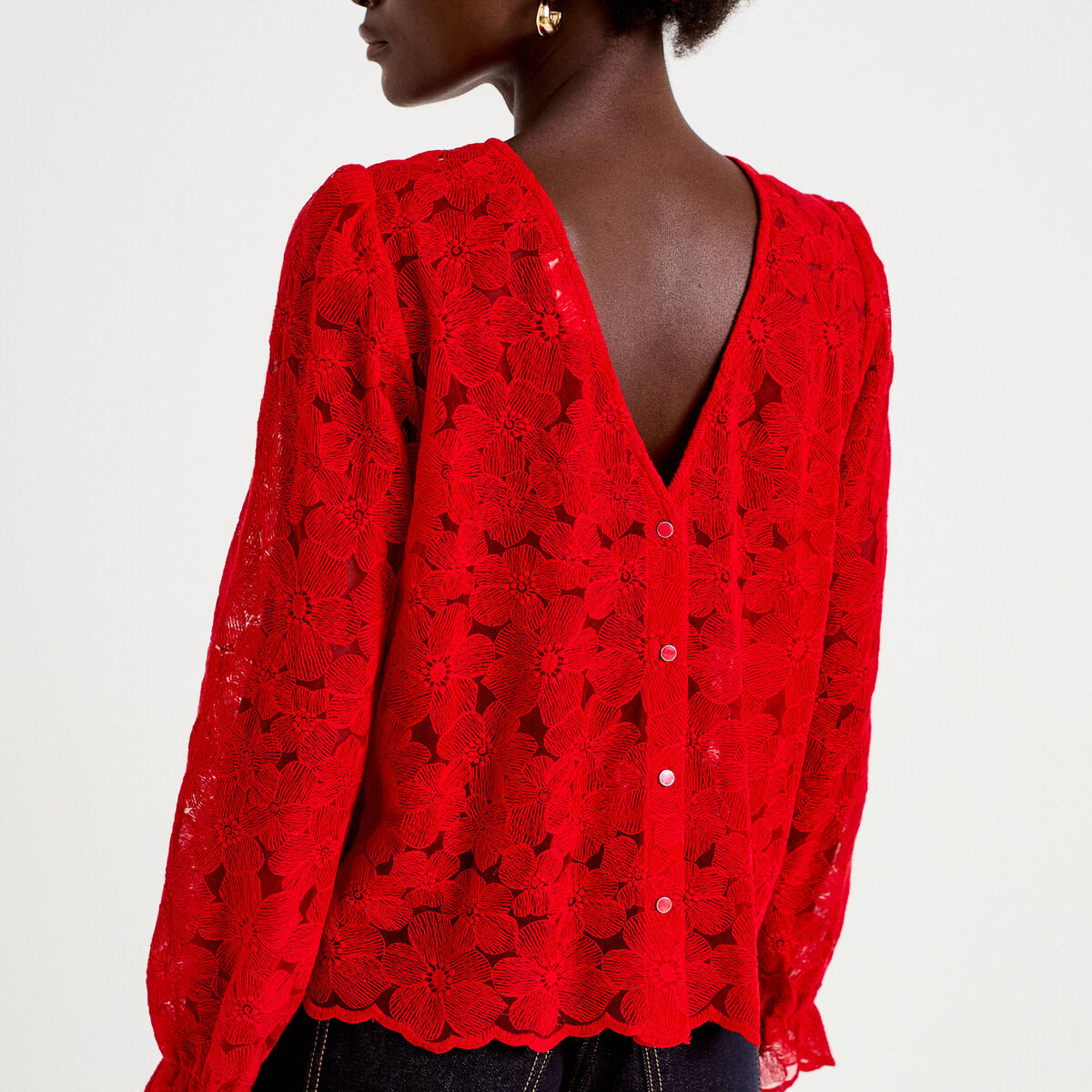 Blouse droite col v en dentelle rouge femme