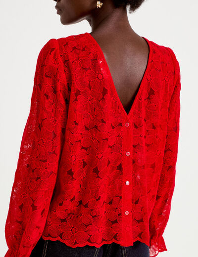 Blouse droite col v en dentelle rouge femme