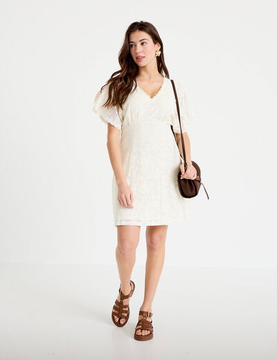 Robe courte &eacute;vas&eacute;e col v dentelle ecru femme