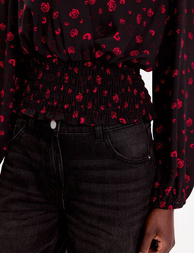 Blouse courte taille smock&eacute;e noir femme