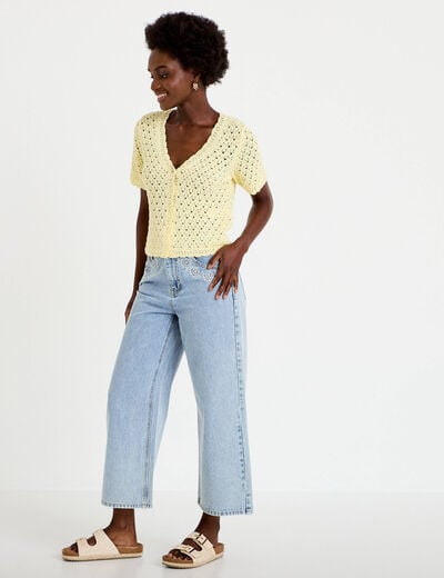 Gilet ajour&eacute; col v manches courtes jaune pastel femme
