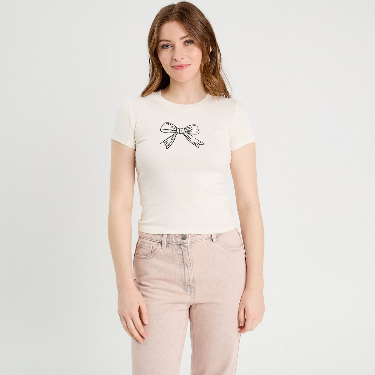 T-shirt manches courtes ajusté ecru femme