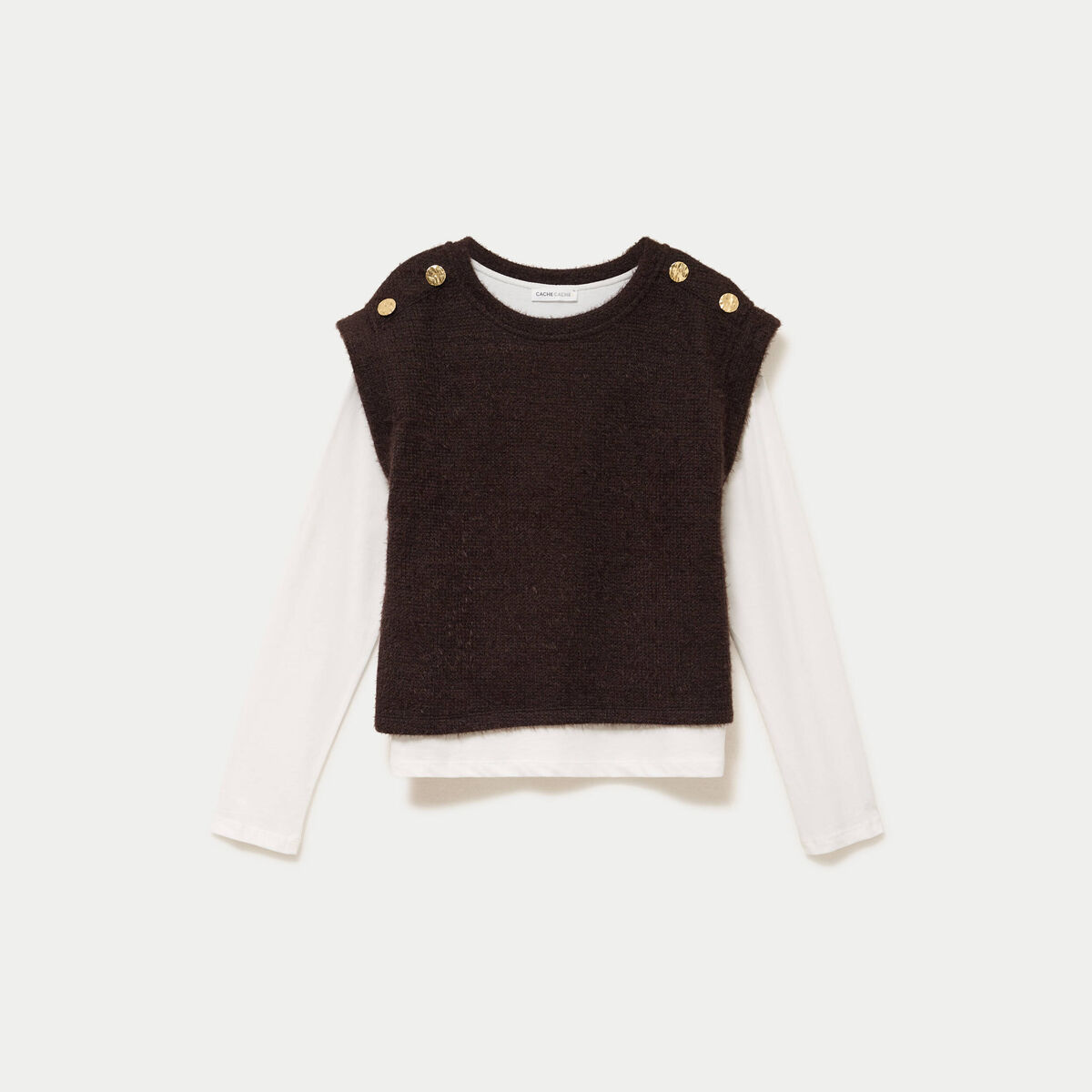 Pull 2-en-1 manches longues col rond marron fonc&eacute; femme