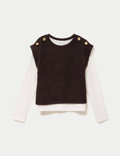 Pull 2-en-1 manches longues col rond marron fonc&eacute; femme