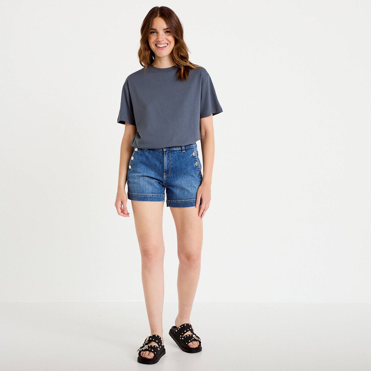 T-shirt col rond manches courtes gris femme