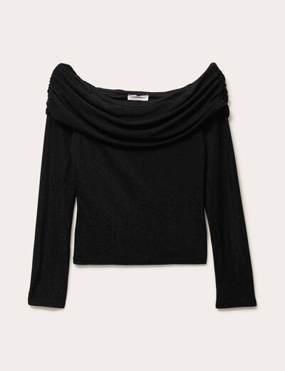 T-shirt col bardot brillant noir femme