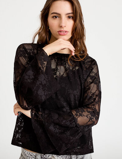 Blouse col rond manches longues dentelle noir femme
