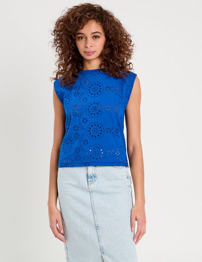 T-shirt sans manches brodé bleu electrique femme