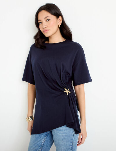 T-shirt &agrave; fronces avec bijou bleu marine femme