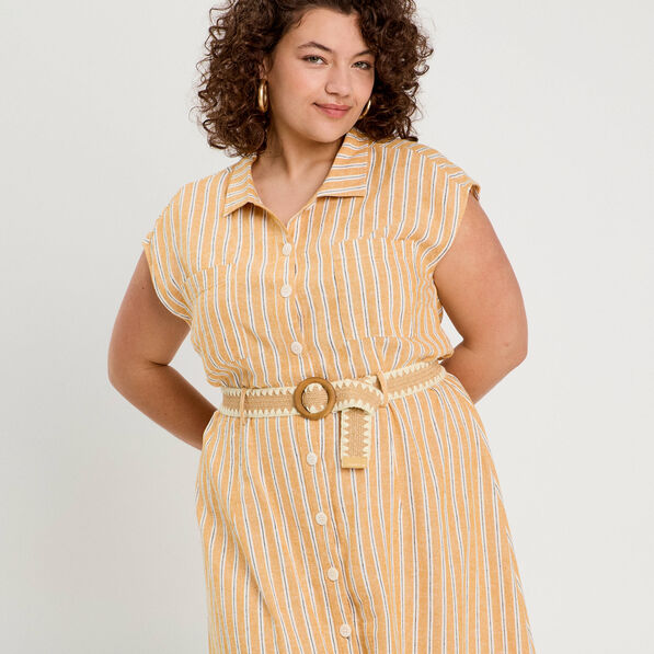 robe chemise midi contenant du lin jaune femme Robe chemise midi contenant du lin jaune femme