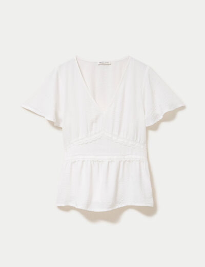 Blouse droite col v manches courtes ecru femme