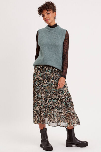 Pull sans manches col roulé vert foncé femme