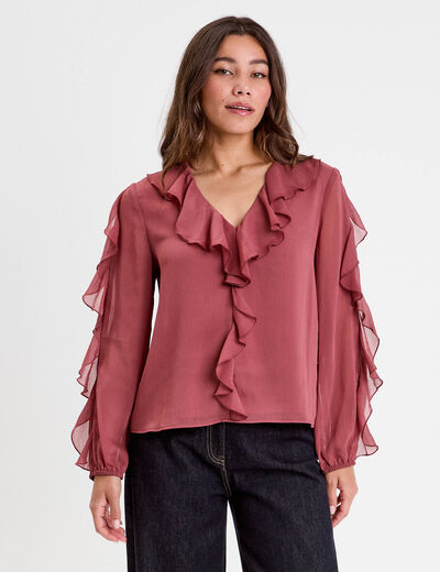 Blouse col V manches longues vieux rose femme